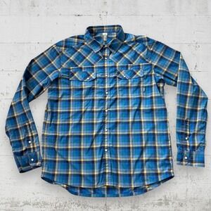 Stio Eddy Shirt Mens L Blue Yellow Plaid Shirt Long Sleeve Pearl Snap Nylon